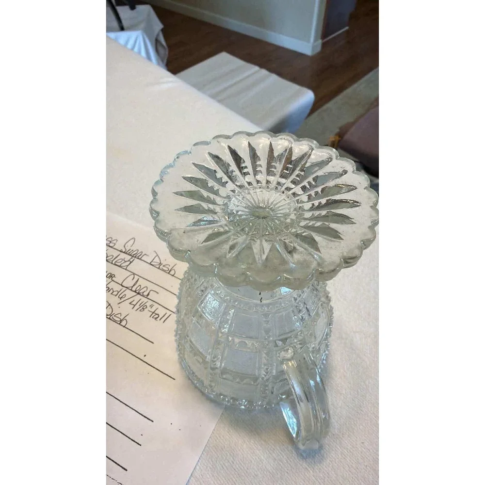 Vintage Clear Pressed Glass Footed Sugar Dish Scalloped Rim Double Handled EAPG
